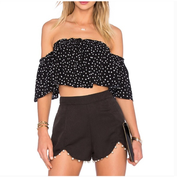 Revolve NBD Cute Black & White Polka Dot Off-Shoulder Ruffled Crop Top Blouse L - Picture 13 of 13